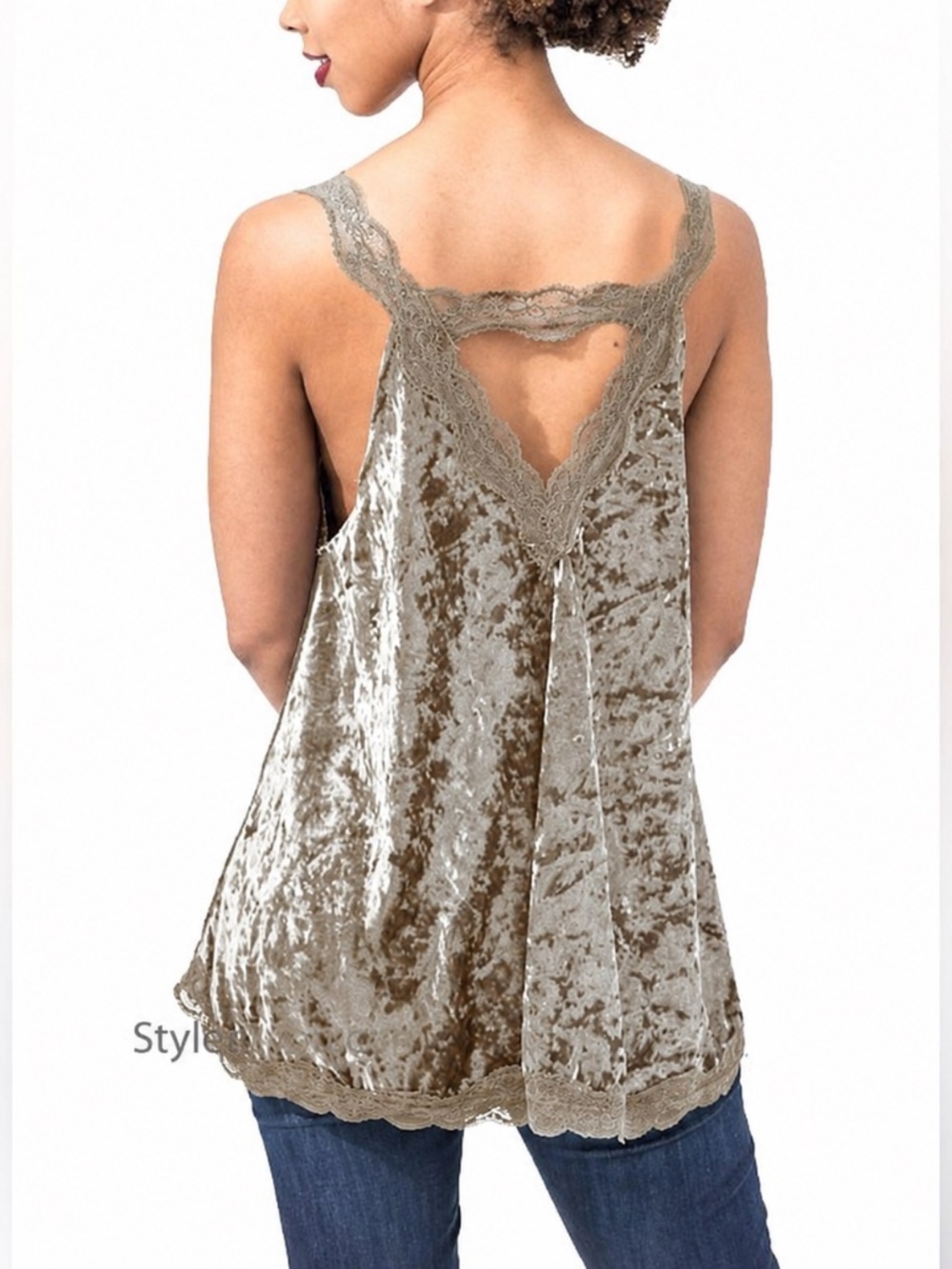 POL Harlow Crushed Velvet Lace Trim Keyhole Back Flowy Whimsygoth Cami Tank Top